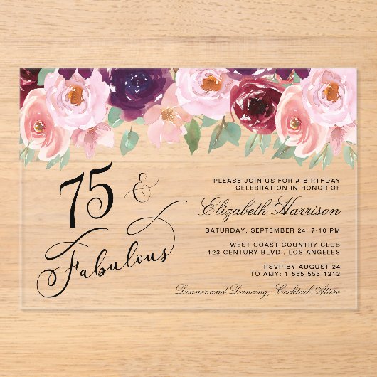 Elegant Bloemen Bourgogne Roze 75e Verjaardagsfees Acryl Uitnodigingen (Voorkant)