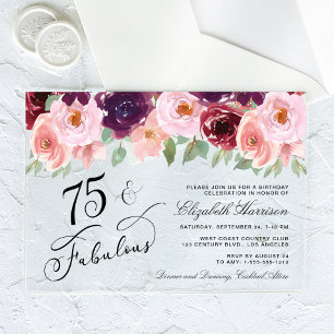 Elegant Bloemen Bourgogne Roze 75e Verjaardagsfees Acryl Uitnodigingen