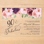 Elegant Bloemen Bourgogne Roze 90ste Verjaardagsfe Acryl Uitnodigingen (Voorkant)