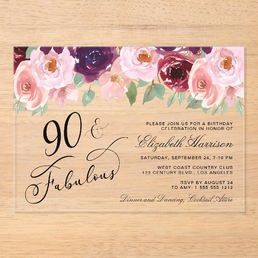 Elegant Bloemen Bourgogne Roze 90ste Verjaardagsfe Acryl Uitnodigingen (Voorkant)