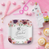 Elegant Bloemen Bourgogne Roze 90ste Verjaardagsfe Papieren Bordje (Feest)