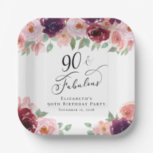Elegant Bloemen Bourgogne Roze 90ste Verjaardagsfe Papieren Bordje