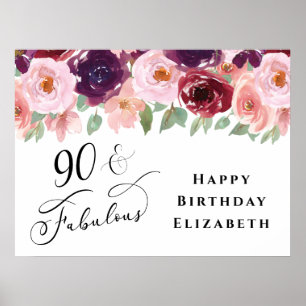 Elegant Bloemen Bourgogne Roze 90ste Verjaardagsfe Poster