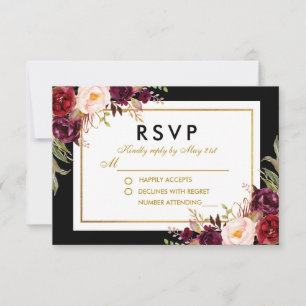 Elegant Bloemen Bourgondië Zwart Goud Bruiloft RSV RSVP Kaartje