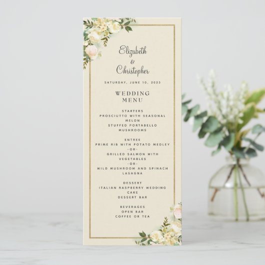 Elegant Bloemen Bruiloft Roos Goud Lijst Eierschaa Menu (Staand voorkant)