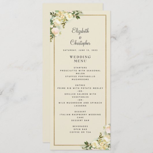 Elegant Bloemen Bruiloft Roos Goud Lijst Eierschaa Menu (Voorkant / Achterkant)