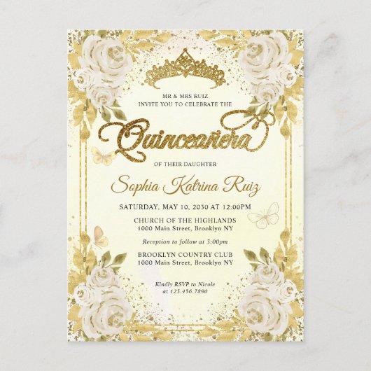 Elegant Bloemen Champagne Gold Tiara Quinceañera Briefkaart (Voorkant)