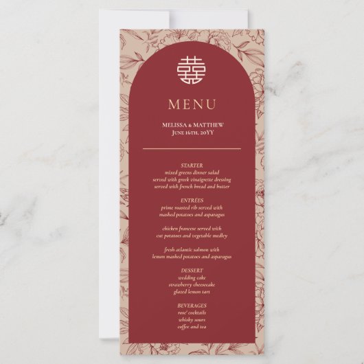 Elegant Bloemen Chinees Trouwtafel Menu Kaart (Voorkant)