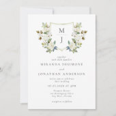 Elegant Bloemen Crest Groen Monogram Bruiloft Kaart (Voorkant)