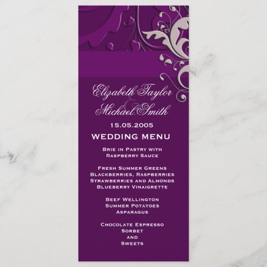 Elegant Bloemen Damast Paarse Bruiloft Menu (Voorkant)