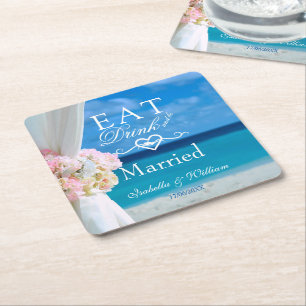 Elegant Bloemen Eet Drink Getrouwd Strand Bruiloft Vierkante Kartonnen Onderzetter