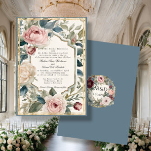 Elegant Bloemen Frans Blauw Classic Bruiloft Kaart