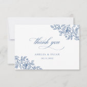 Elegant Bloemen Frans Blauw Script Bruiloft Bedankkaart (Voorkant)