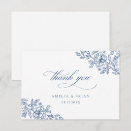 Elegant  Bloemen Frans Blauw Script Bruiloft Bedankkaart