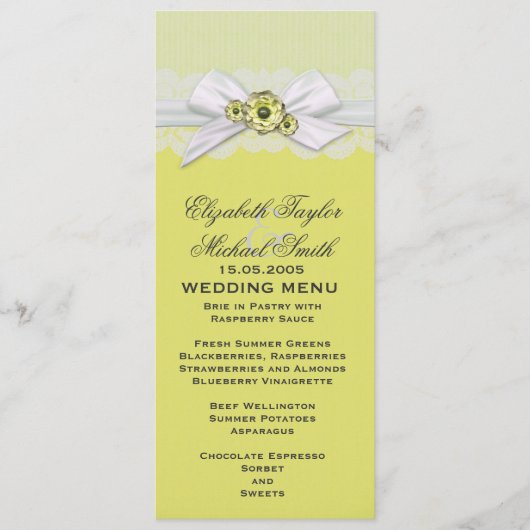 Elegant Bloemen Geel Lint Bruiloft Menu (Voorkant)