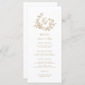 Elegant Bloemen Goud en Wit Monogram Bruiloft Menu (Voorkant / Achterkant)