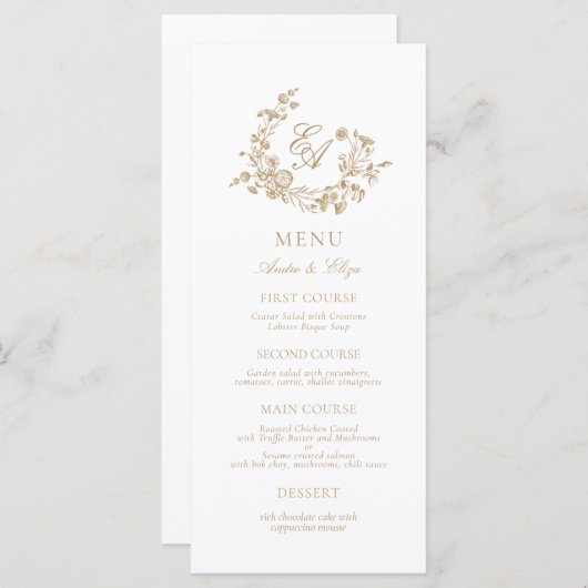 Elegant Bloemen Goud en Wit Monogram Bruiloft Menu (Voorkant / Achterkant)