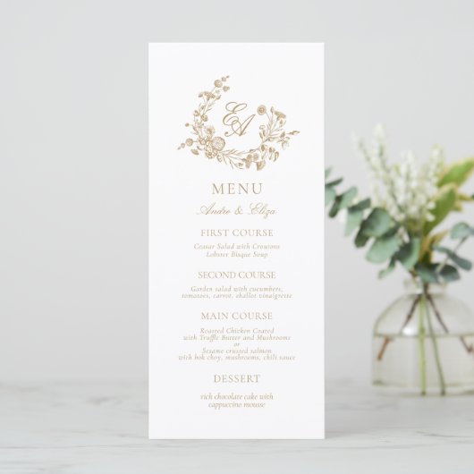 Elegant Bloemen Goud en Wit Monogram Bruiloft Menu (Staand voorkant)