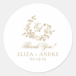 Elegant Bloemen Goud Monogram Bruiloft Ronde Sticker