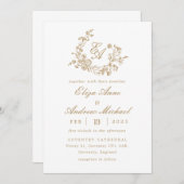 Elegant Bloemen Goud Monogram Crest Bruiloft Kaart (Voorkant / Achterkant)