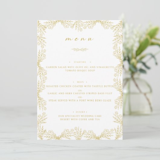 Elegant Bloemen Goud & Wit Tafel Diner Menu (Staand voorkant)