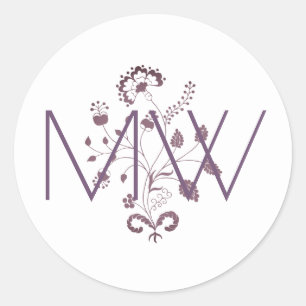 Elegant Bloemen Initialen Monogram Framboos Ronde Sticker