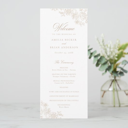 Elegant Bloemen Kant Beige Trouwprogramma Programma (Staand voorkant)