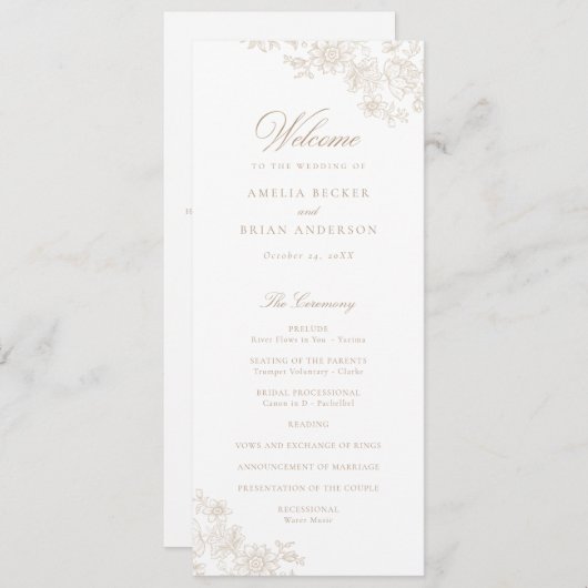 Elegant Bloemen  Kant Beige Trouwprogramma Programma (Voorkant / Achterkant)