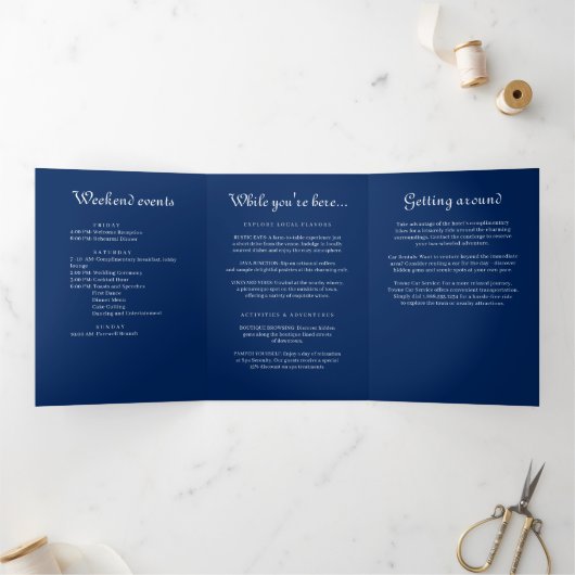 Elegant Bloemen Kant op Marine Blauw Bruiloft Drieluik Programma (Binnen)