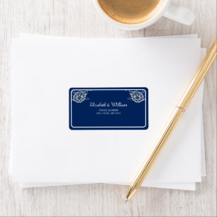 Elegant Bloemen Kant op Marine Blauw Bruiloft Etiket