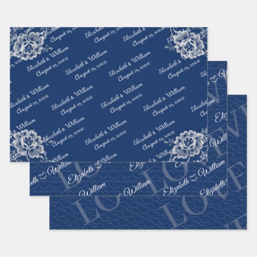 Elegant Bloemen Kant op Marine Blauw Bruiloft Inpakpapier Vel (Set)