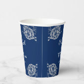 Elegant Bloemen Kant op Marine Blauw Bruiloft Papieren Bekers (Rechts)