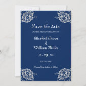 Elegant Bloemen Kant op Marine Blauw Bruiloft Save The Date (Voorkant)