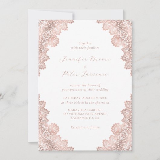 Elegant Bloemen Kant Roos Gouden Bruiloft Uitnodig Kaart (Voorkant)