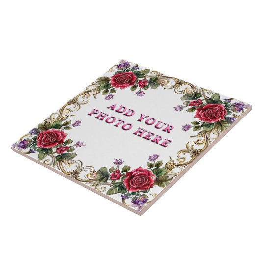 Elegant Bloemen Lijst met Goud en Rode Roos Tegeltje (Zijkant)
