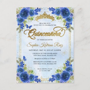 Elegant Bloemen Marine Blauw Goud Tiara Quinceañer Briefkaart
