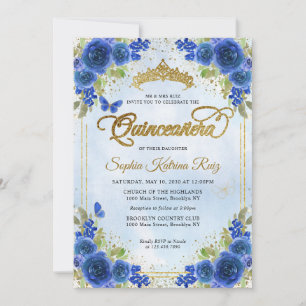 Elegant Bloemen Marine Blauw Goud Tiara Quinceañer Kaart