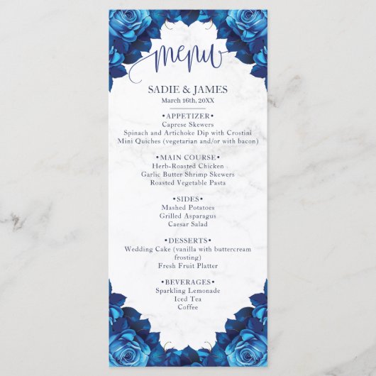 Elegant Bloemen Marine Blauw & Wit Marmeren Bruilo Menu (Voorkant)