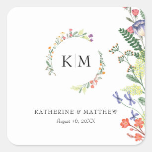 Elegant Bloemen Monogram Bruiloft Vierkante Sticke Sticker