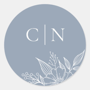 Elegant Bloemen Monogram Initialen Blauw Bruiloft Ronde Sticker