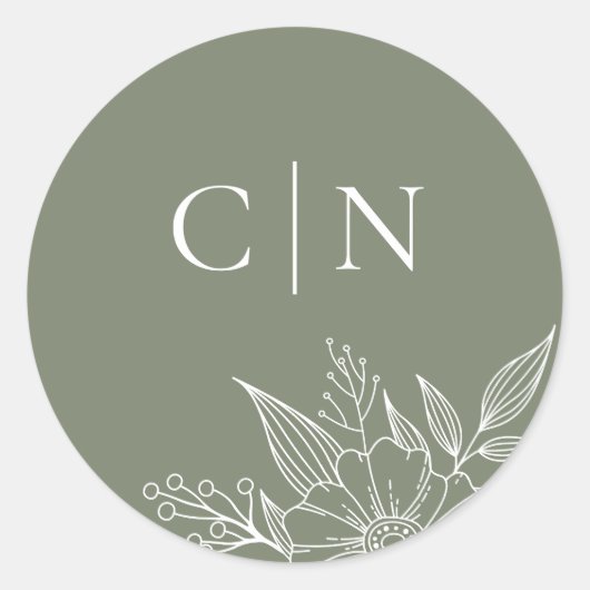 Elegant Bloemen Monogram Initialen Sage Bruiloft Ronde Sticker (Voorkant)