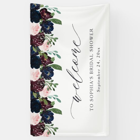 Elegant Bloemen Navy Blauw en Plum | Welkom Spandoek (Verticaal)