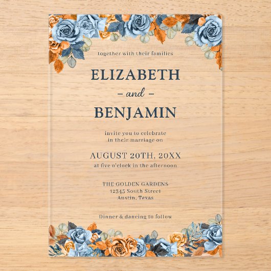 Elegant Bloemen Navy Roest Donker Terracota Bruilo Acryl Uitnodigingen (Voorkant)