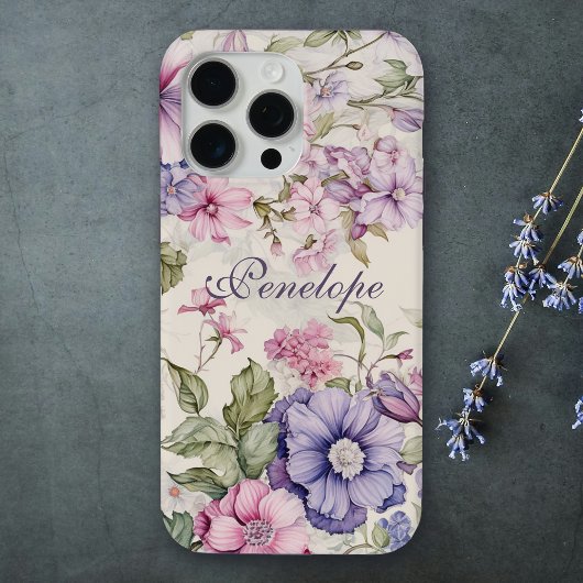 Elegant Bloemen Paarse Roze Gepersonaliseerd Case-Mate iPhone Case