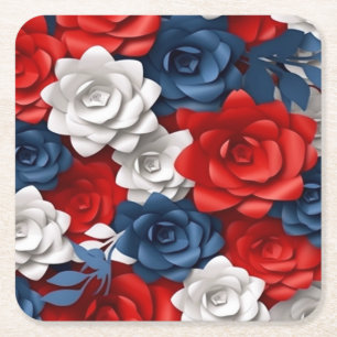 Elegant Bloemen Rood Wit Blauw Bloemen Tuin Ontwer Vierkante Kartonnen Onderzetter