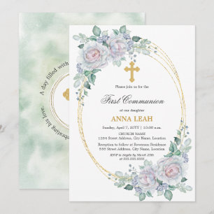 Elegant Bloemen Roos Gouden Kruis Eerste Communie Kaart