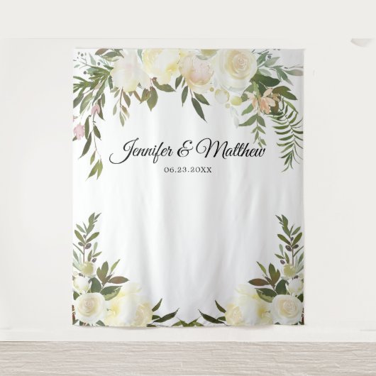 Elegant Bloemen Roze Ivoor Bruiloft FOTO ACHTERKAN Wandkleed (Voorkant)