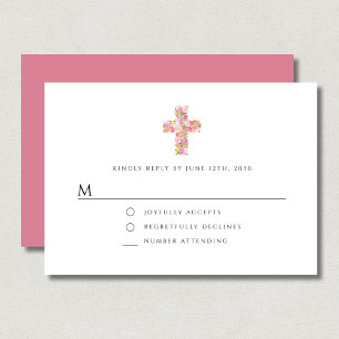 Elegant Bloemen Roze Religieus Kruis Meisje Doop RSVP Kaartje