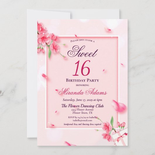 Elegant Bloemen Roze Zoet Zestien Verjaardagsfeest Kaart (Voorkant)