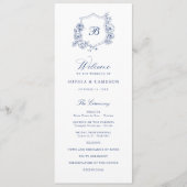 Elegant Bloemen Rozen Crest Monogram Blauw Bruilof Programma (Voorkant)
